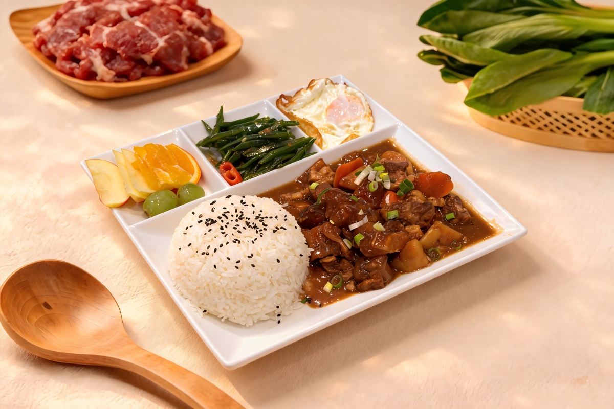 Arroz con Estofado combinado de Ternera y Tendón Acompaño de Huevo Frito + Selección del día (Verdura, Fruta y Guarnición)