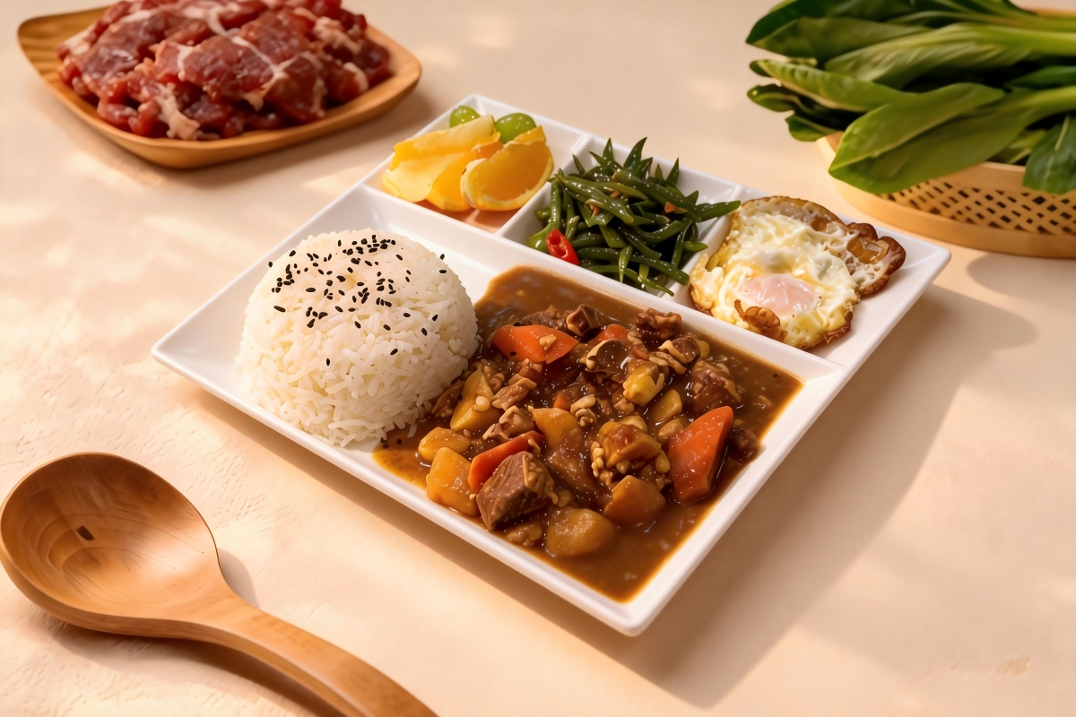 Arroz con Estofado de Ternera Acompañado de Huevo Frito + Selección del día (Verdura, Fruta y Guarnición)