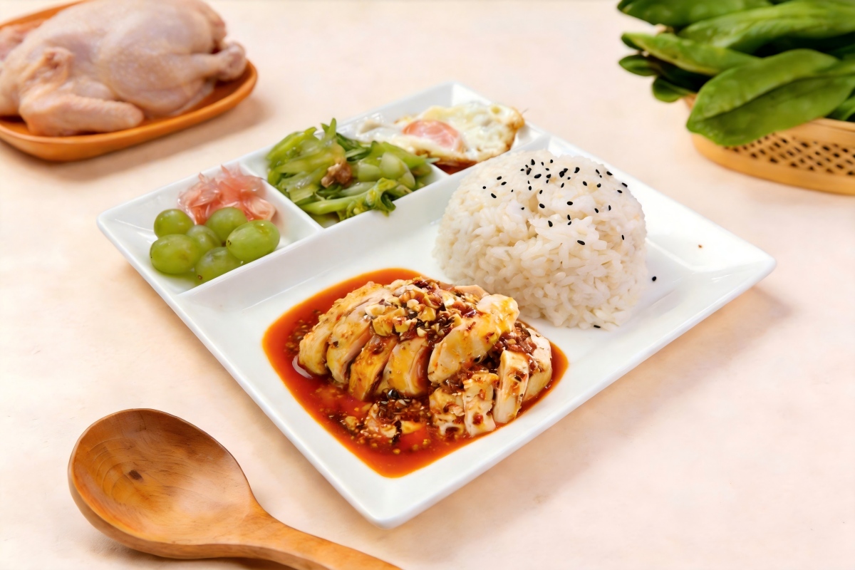 Arroz con Pollo Picante Acompañado de Huevo Frito + Selección del día (Verdura, Fruta y Guarnición)